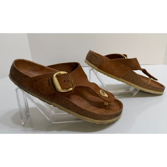 Birkenstock Cognac Oiled Leather Gizeh Gold Big Buckle Sandals Size Size M 6 W 8 - Picture 3 of 6